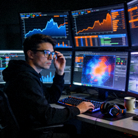 电竞数据分析师正在工作 - 多屏幕显示比赛数据可视化图表