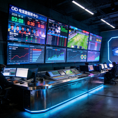 OD电竞数据分析中心控制室 - 大屏幕显示全球赛事实时数据流
